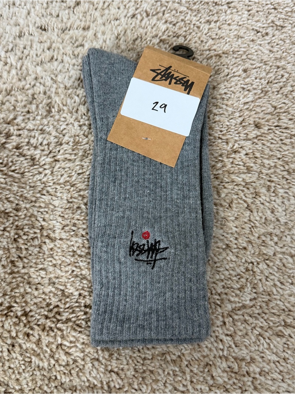 Stussy Gray Ribbed Crew Socks with Embroidered Logo